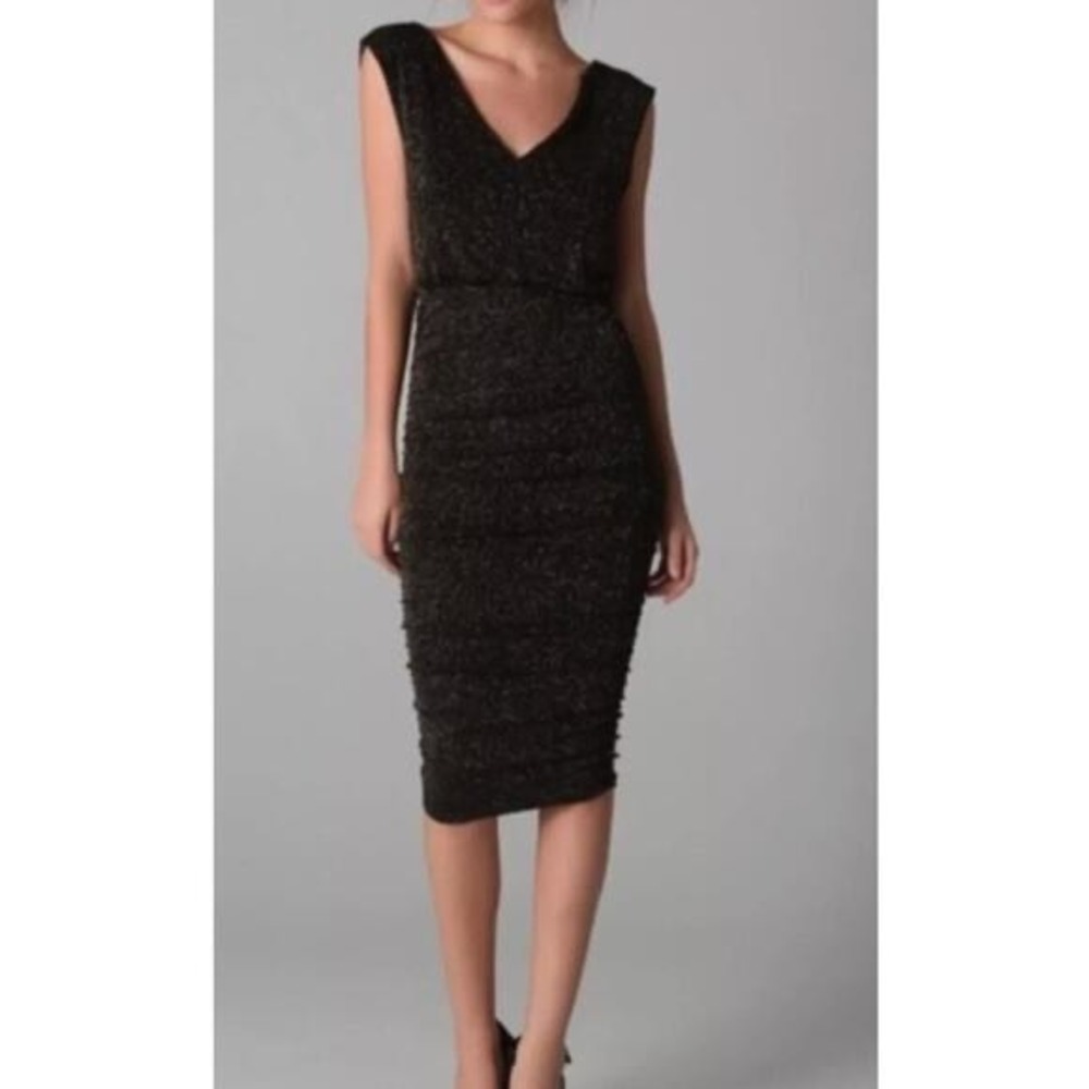 Alice + Olivia Slinky Ruched Shimmer Dress‎ Sparkle Black Gold Size Small